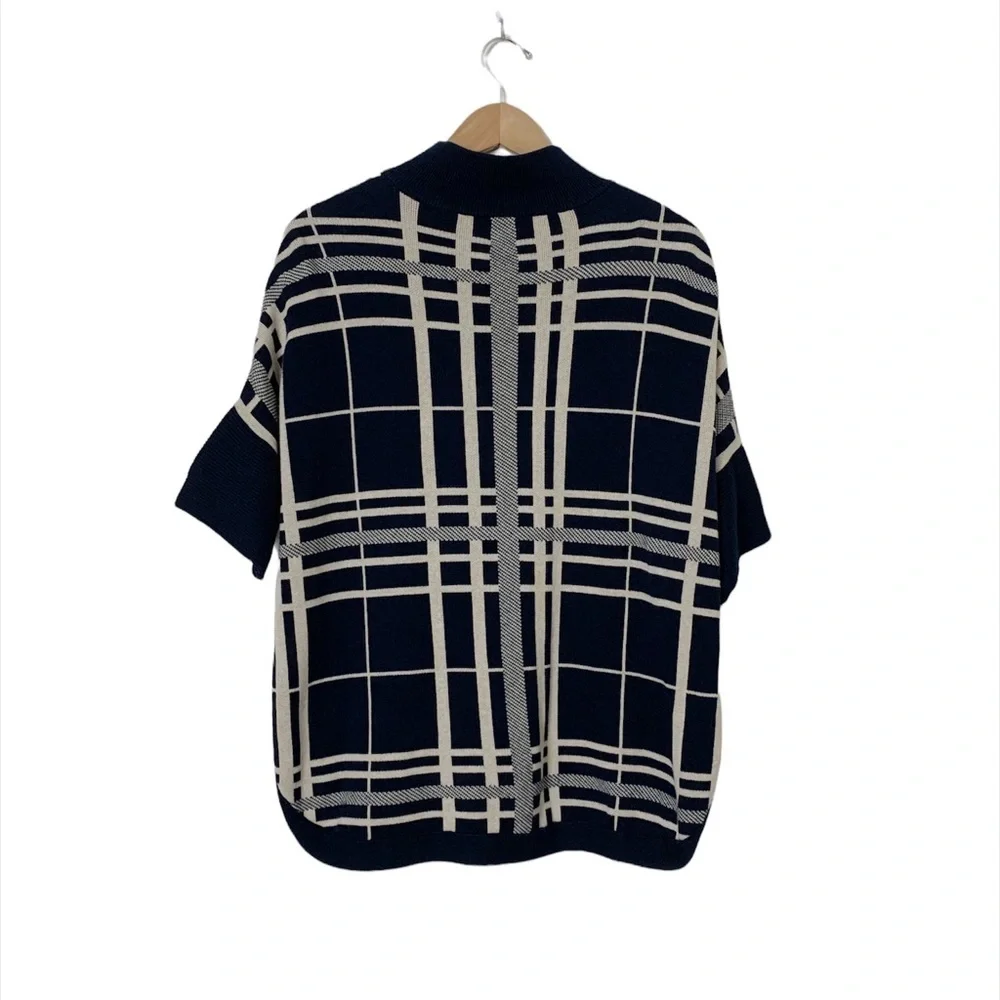 Anne Klein Plaid Oversized tunic Sweater Shrug‎ Size Small Navy Tan